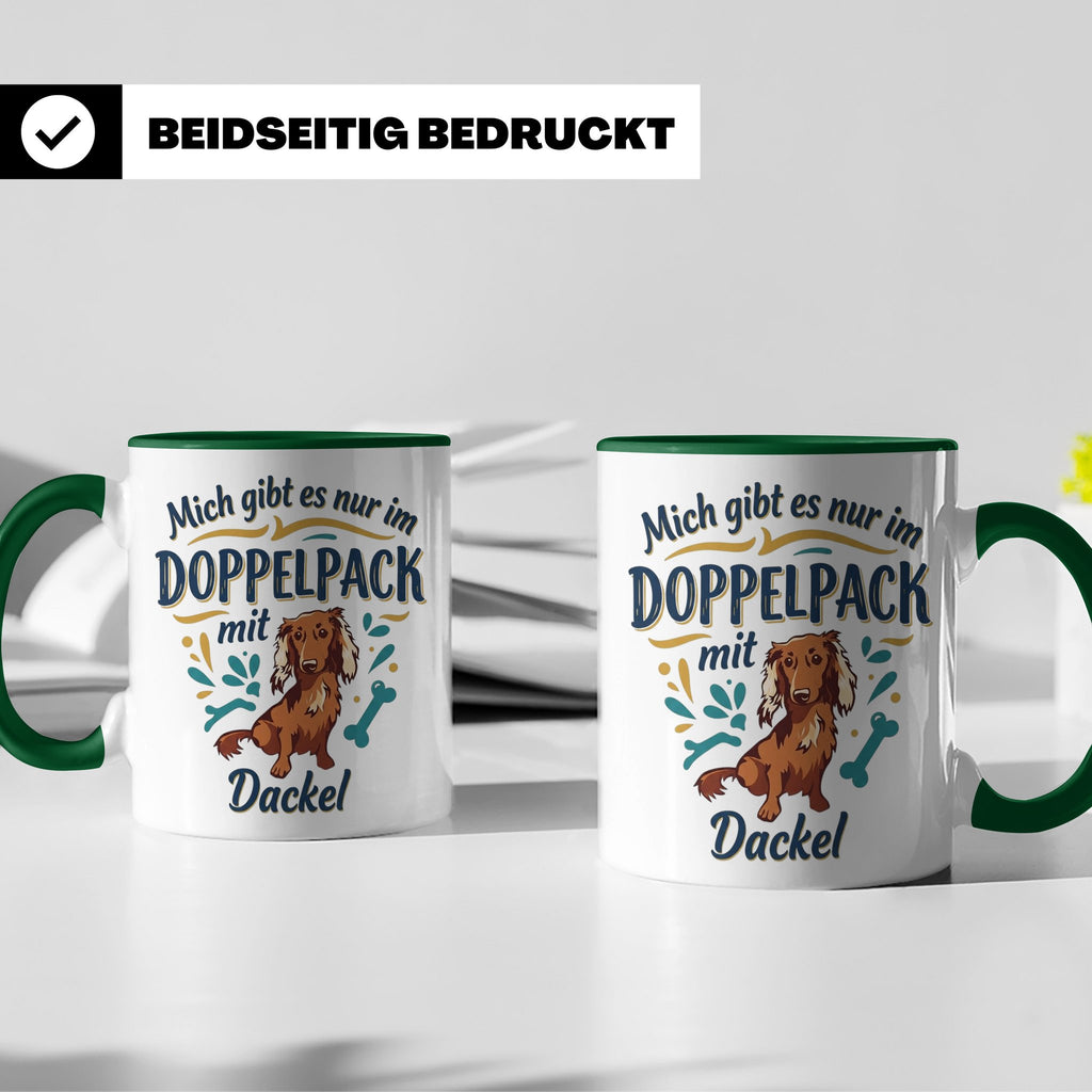 Dackel Tasse "Mich gibt es nur im Doppelpack" Langhaardackel – Grün [farbe:grün]