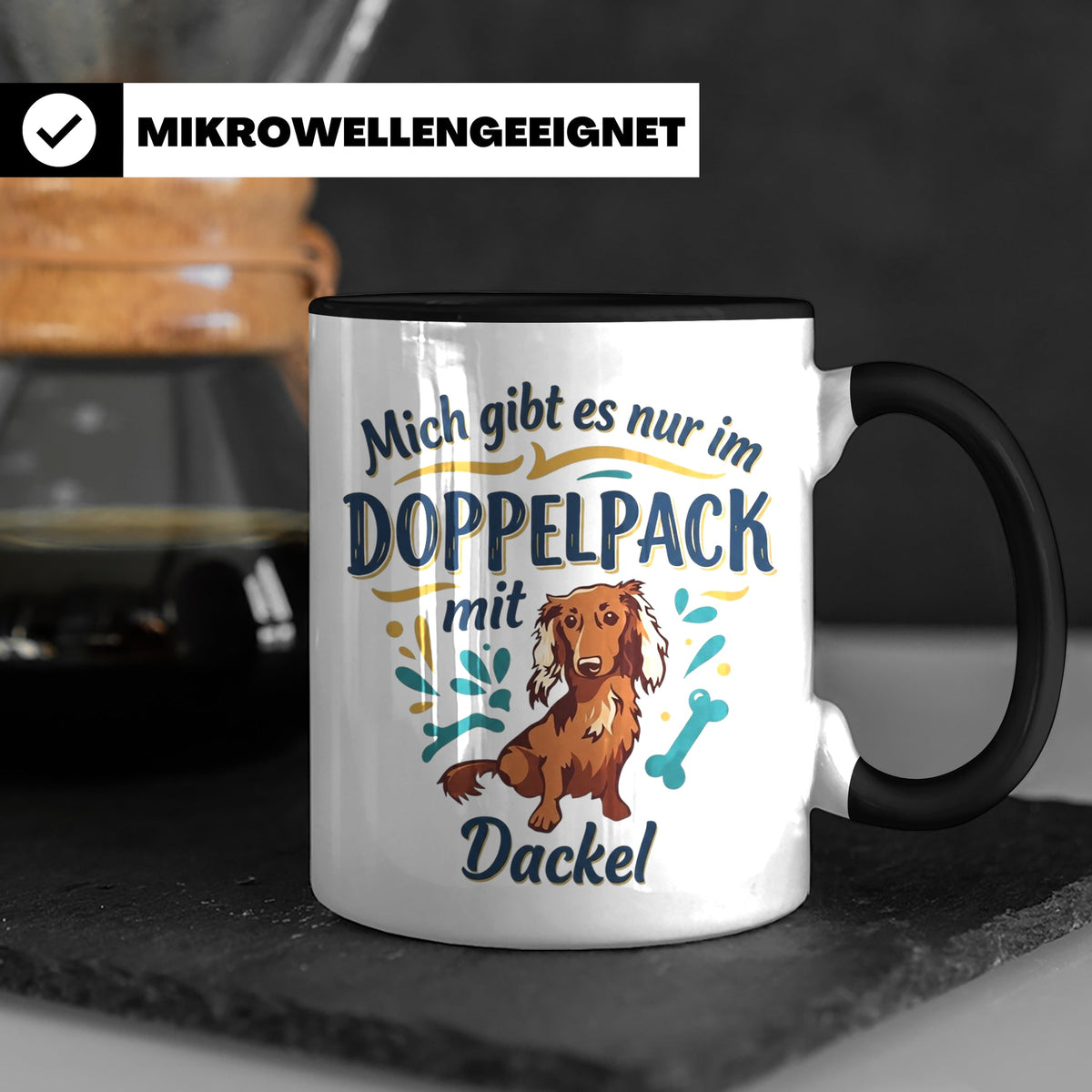 Dackel Tasse "Mich gibt es nur im Doppelpack" Langhaardackel – Schwarz [farbe:schwarz]