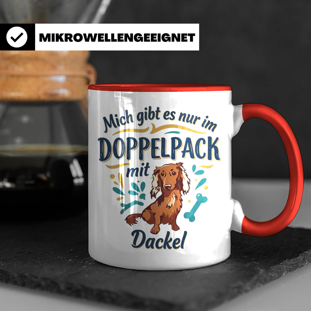 Dackel Tasse "Mich gibt es nur im Doppelpack" Langhaardackel – Rot [farbe:rot]