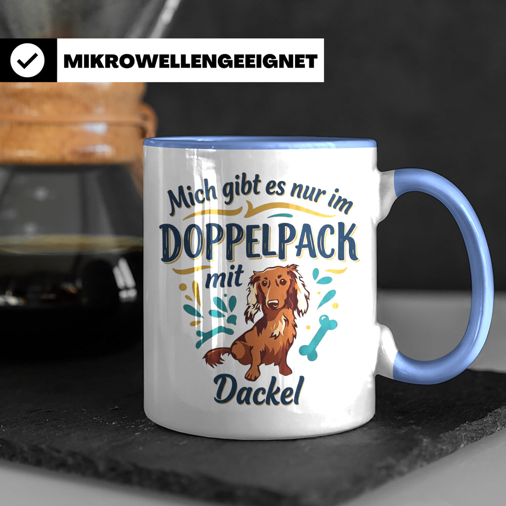 Dackel Tasse "Mich gibt es nur im Doppelpack" Langhaardackel – Blau [farbe:blau]