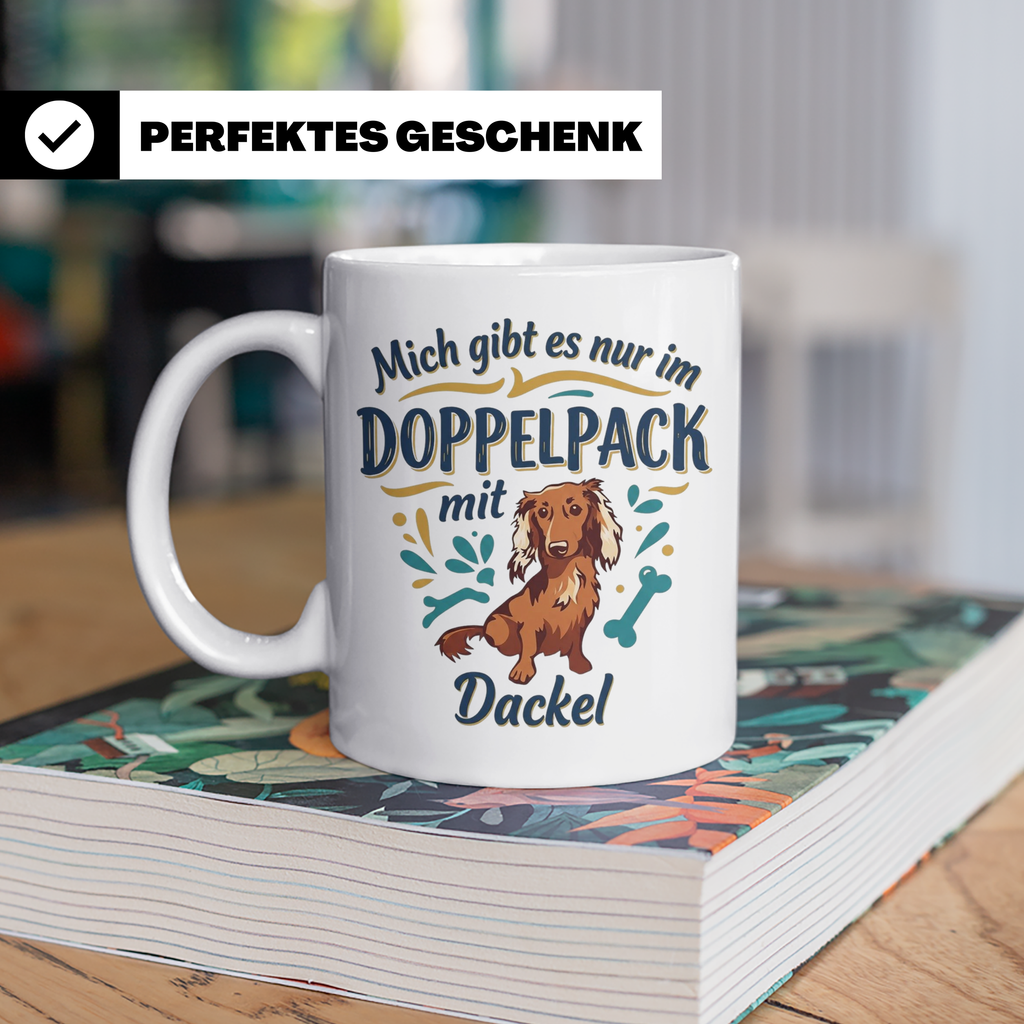 Dackel Tasse "Mich gibt es nur im Doppelpack" Langhaardackel – Weiß [farbe:weiß]