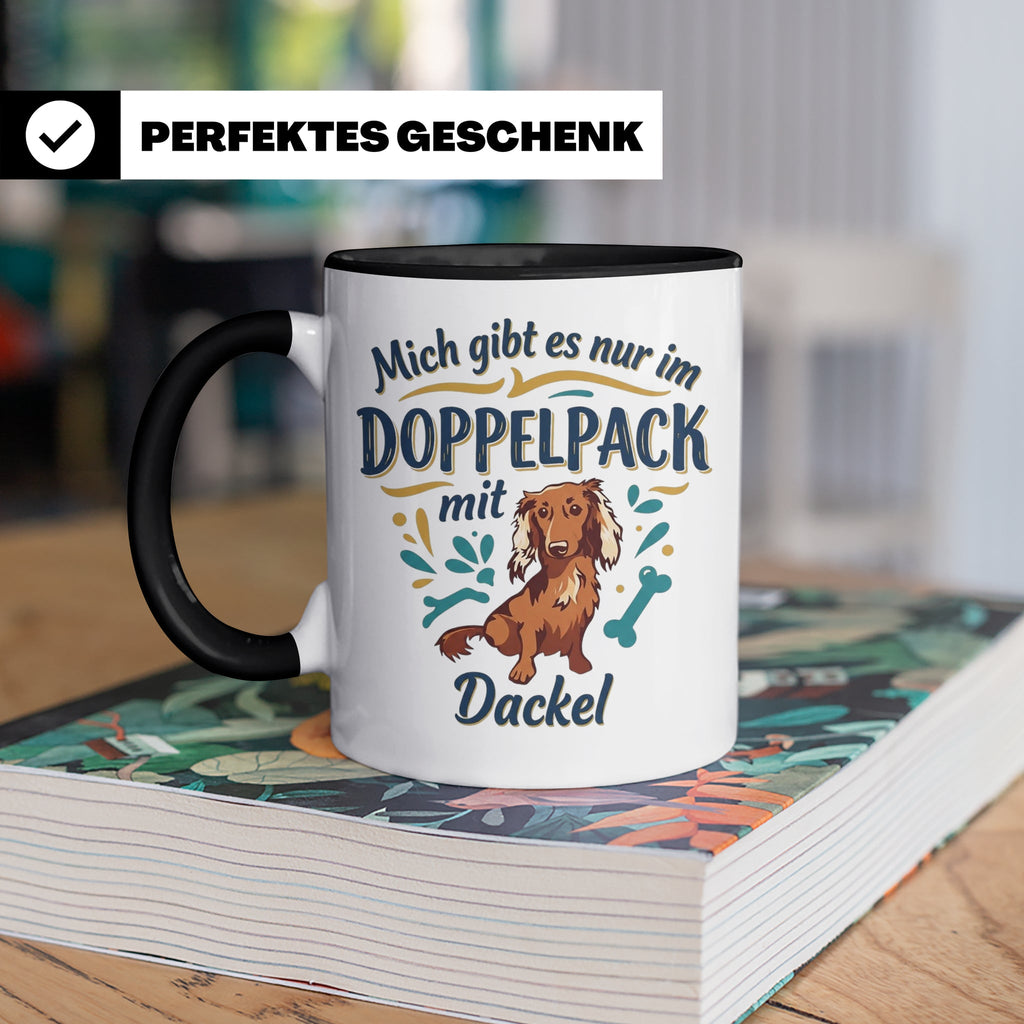 Dackel Tasse "Mich gibt es nur im Doppelpack" Langhaardackel – Schwarz [farbe:schwarz]