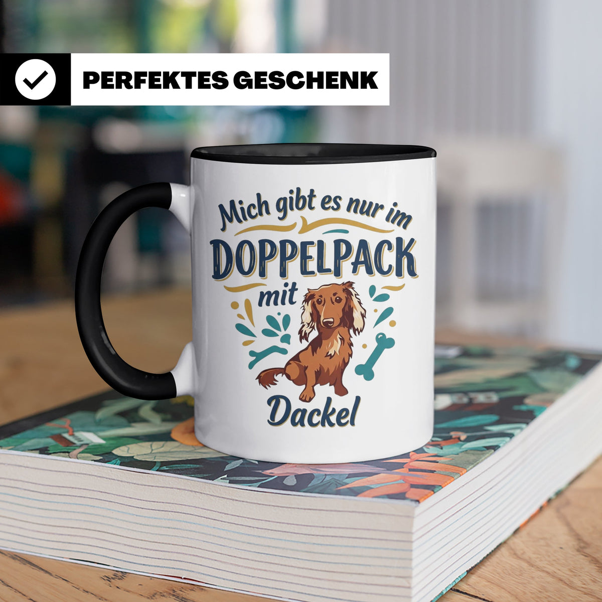 Dackel Tasse "Mich gibt es nur im Doppelpack" Langhaardackel – Schwarz [farbe:schwarz]
