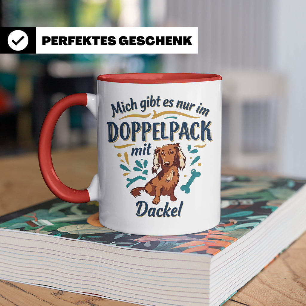 Dackel Tasse "Mich gibt es nur im Doppelpack" Langhaardackel – Rot [farbe:rot]