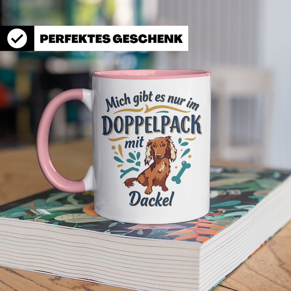 Dackel Tasse "Mich gibt es nur im Doppelpack" Langhaardackel – Rosa [farbe:rosa]