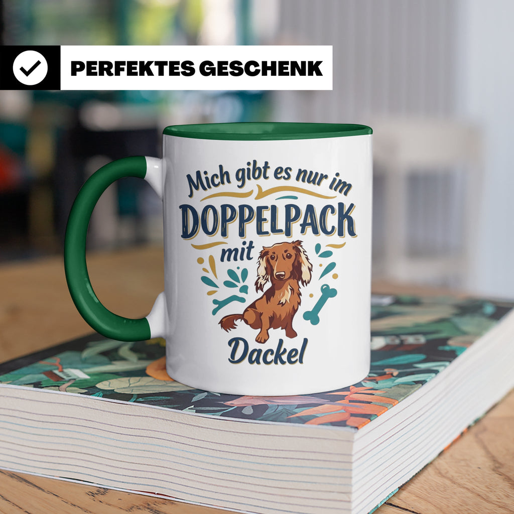 Dackel Tasse "Mich gibt es nur im Doppelpack" Langhaardackel – Grün [farbe:grün]