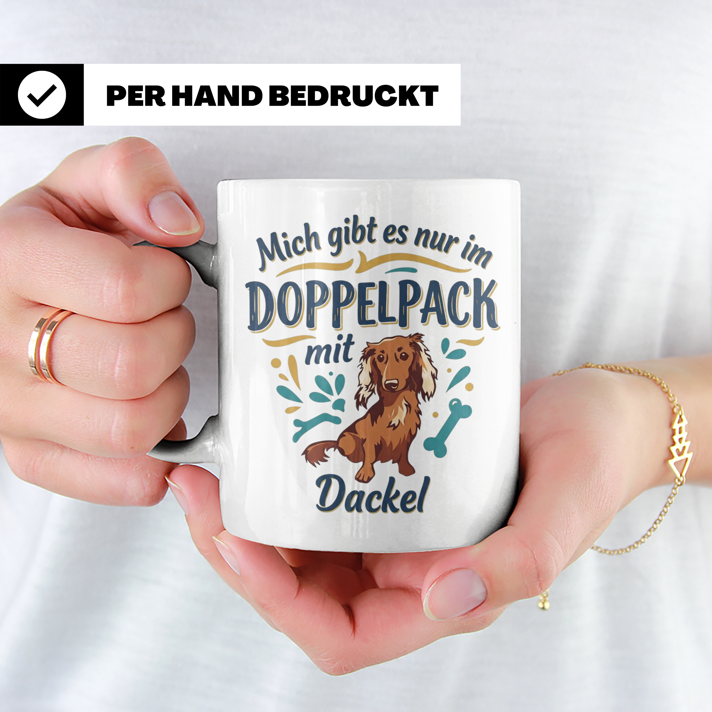 Dackel Tasse "Mich gibt es nur im Doppelpack" Langhaardackel – Weiß [farbe:weiß]