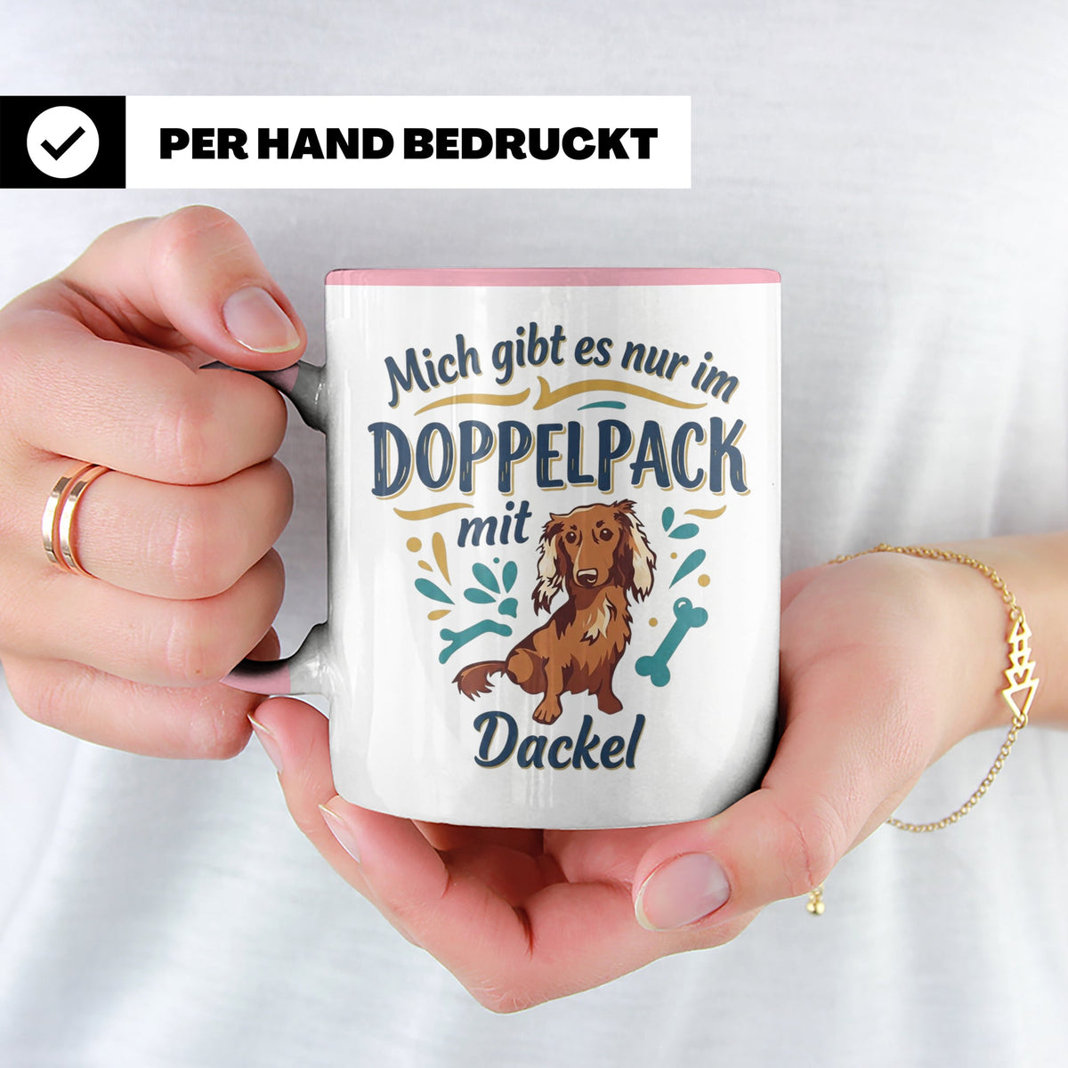 Dackel Tasse "Mich gibt es nur im Doppelpack" Langhaardackel – Rosa [farbe:rosa]