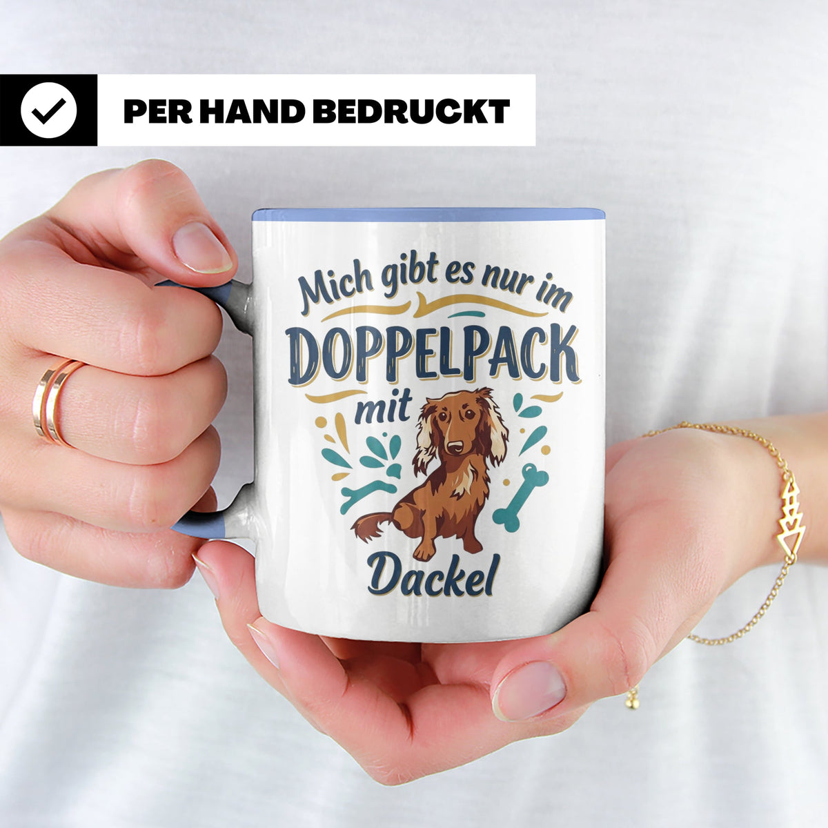 Dackel Tasse "Mich gibt es nur im Doppelpack" Langhaardackel – Blau [farbe:blau]