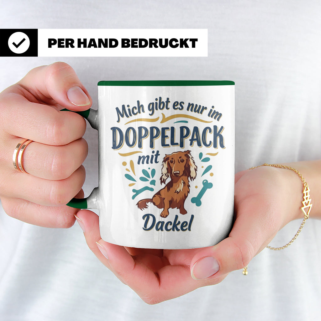 Dackel Tasse "Mich gibt es nur im Doppelpack" Langhaardackel – Grün [farbe:grün]