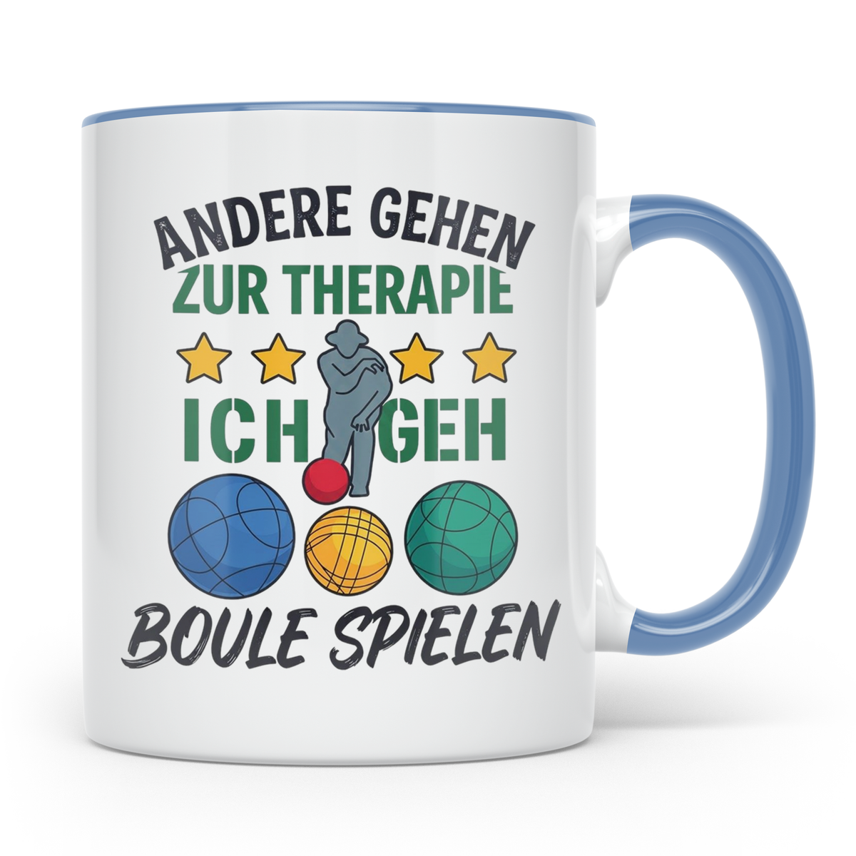 Boule Tasse mit Spruch Andere gehen zur Therapie ich geh Bou – Blau [farbe:blau]