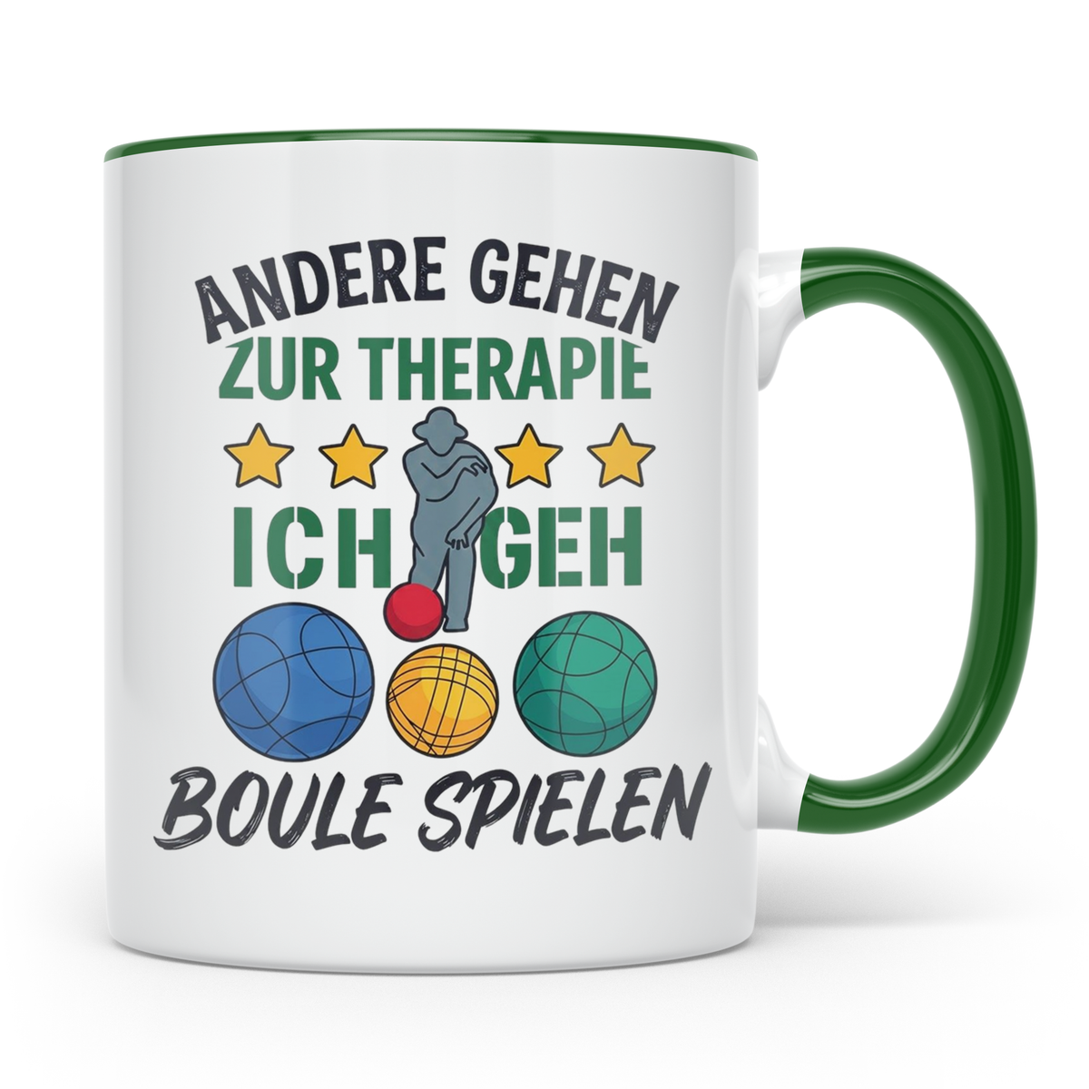 Boule Tasse mit Spruch Andere gehen zur Therapie ich geh Bou – Grün [farbe:grün]