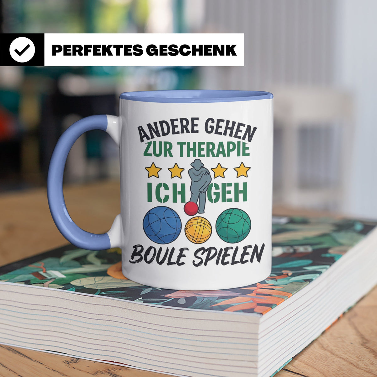 Boule Tasse mit Spruch Andere gehen zur Therapie ich geh Bou – Blau [farbe:blau]