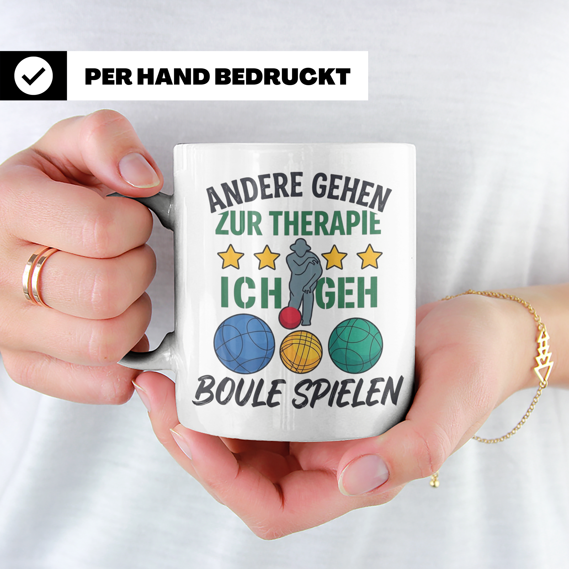 Boule Tasse mit Spruch Andere gehen zur Therapie ich geh Bou – Weiß [farbe:weiß]
