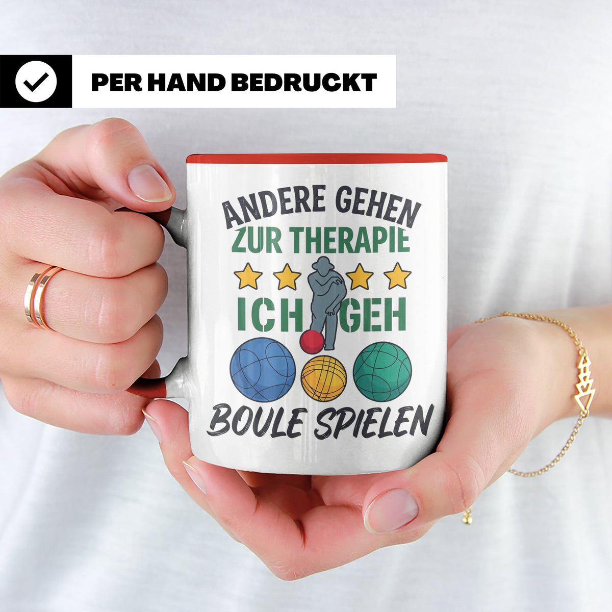 Boule Tasse mit Spruch Andere gehen zur Therapie ich geh Bou – Rot [farbe:rot]