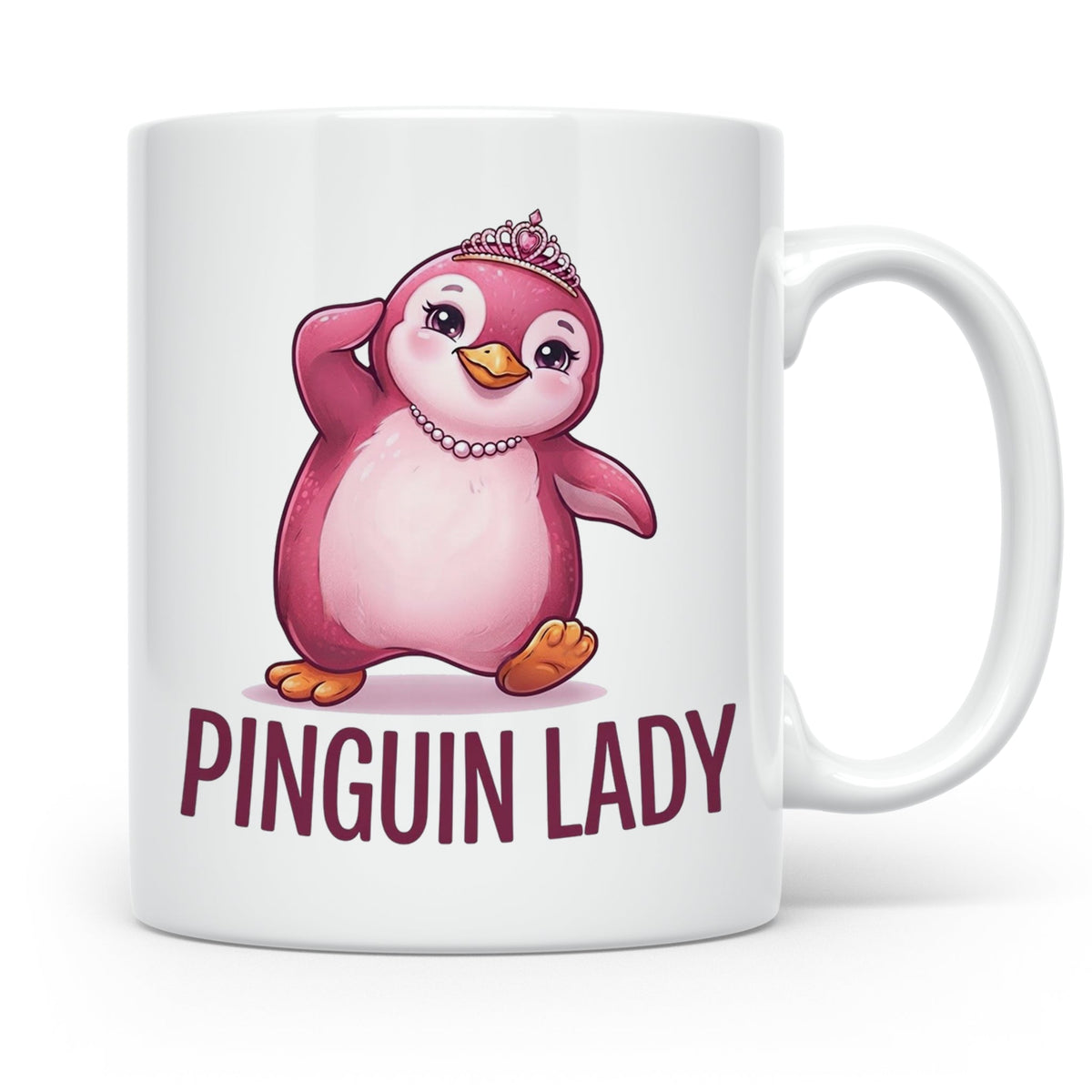 Pinguin Lady Tasse mit Krone & Perlenkette, süßer pinker Pin – Weiß [farbe:weiß]