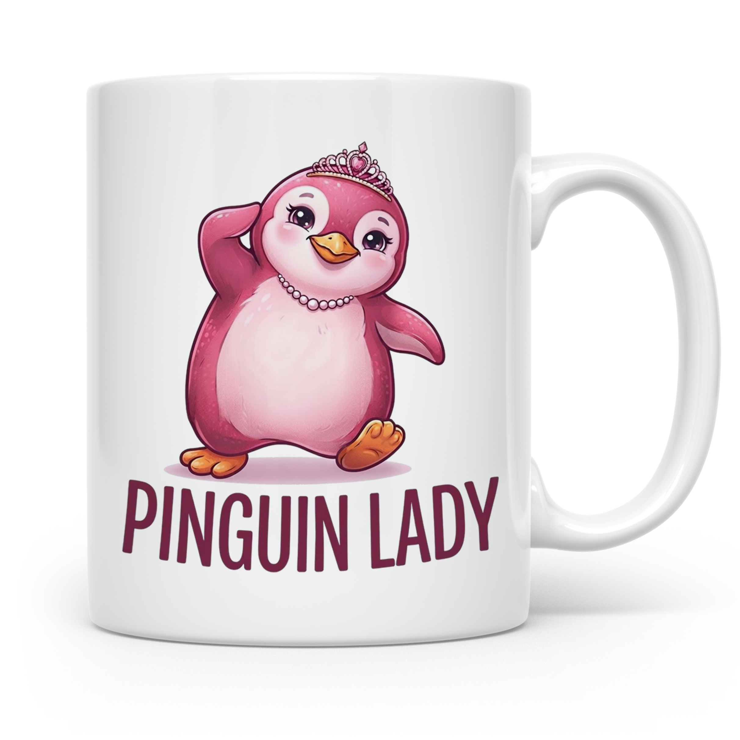 Pinguin Lady Tasse mit Krone & Perlenkette, süßer pinker Pin – Weiß [farbe:weiß]
