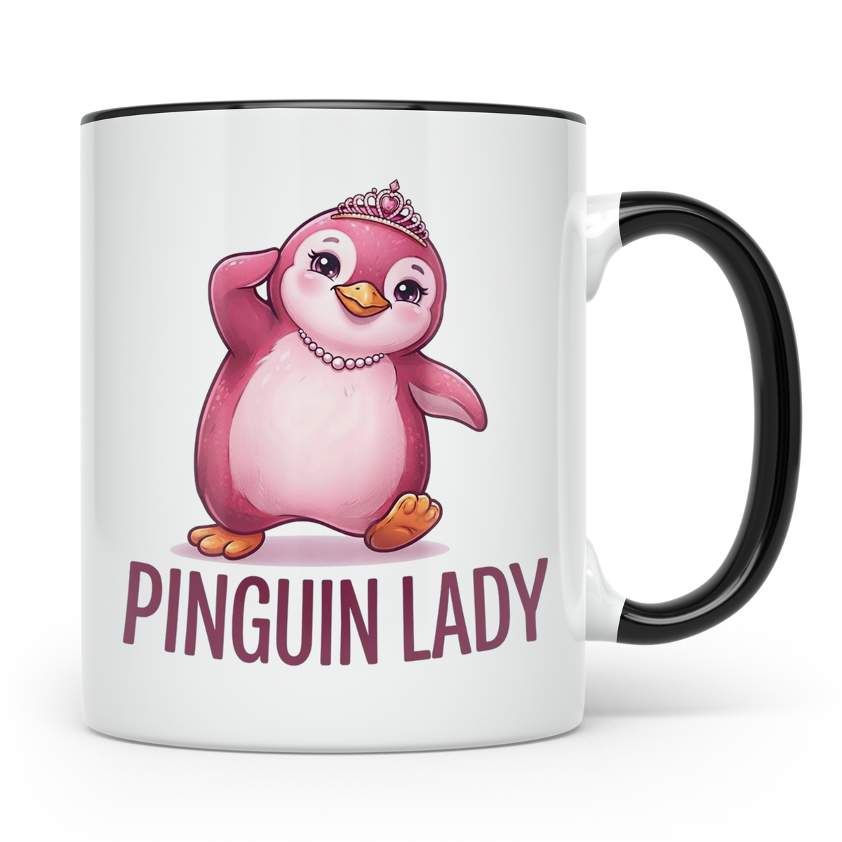Pinguin Lady Tasse mit Krone & Perlenkette, süßer pinker Pin – Schwarz [farbe:schwarz]