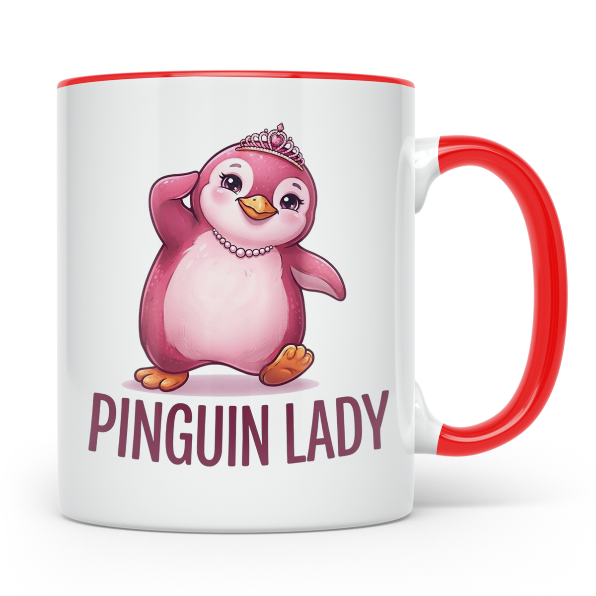 Pinguin Lady Tasse mit Krone & Perlenkette, süßer pinker Pin – Rot [farbe:rot]