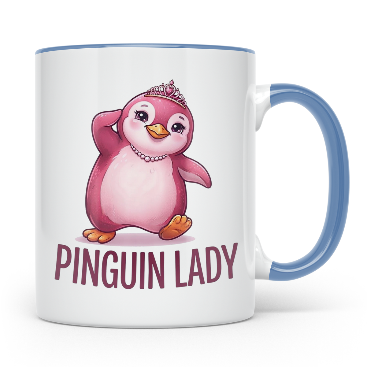 Pinguin Lady Tasse mit Krone & Perlenkette, süßer pinker Pin – Blau [farbe:blau]