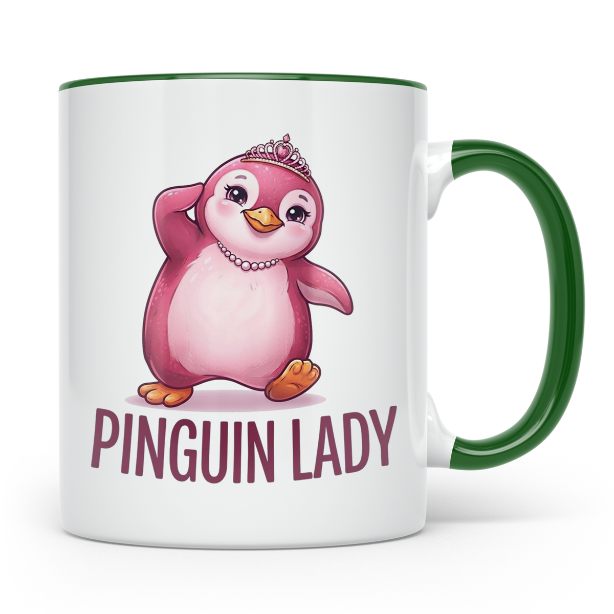 Pinguin Lady Tasse mit Krone & Perlenkette, süßer pinker Pin – Grün [farbe:grün]