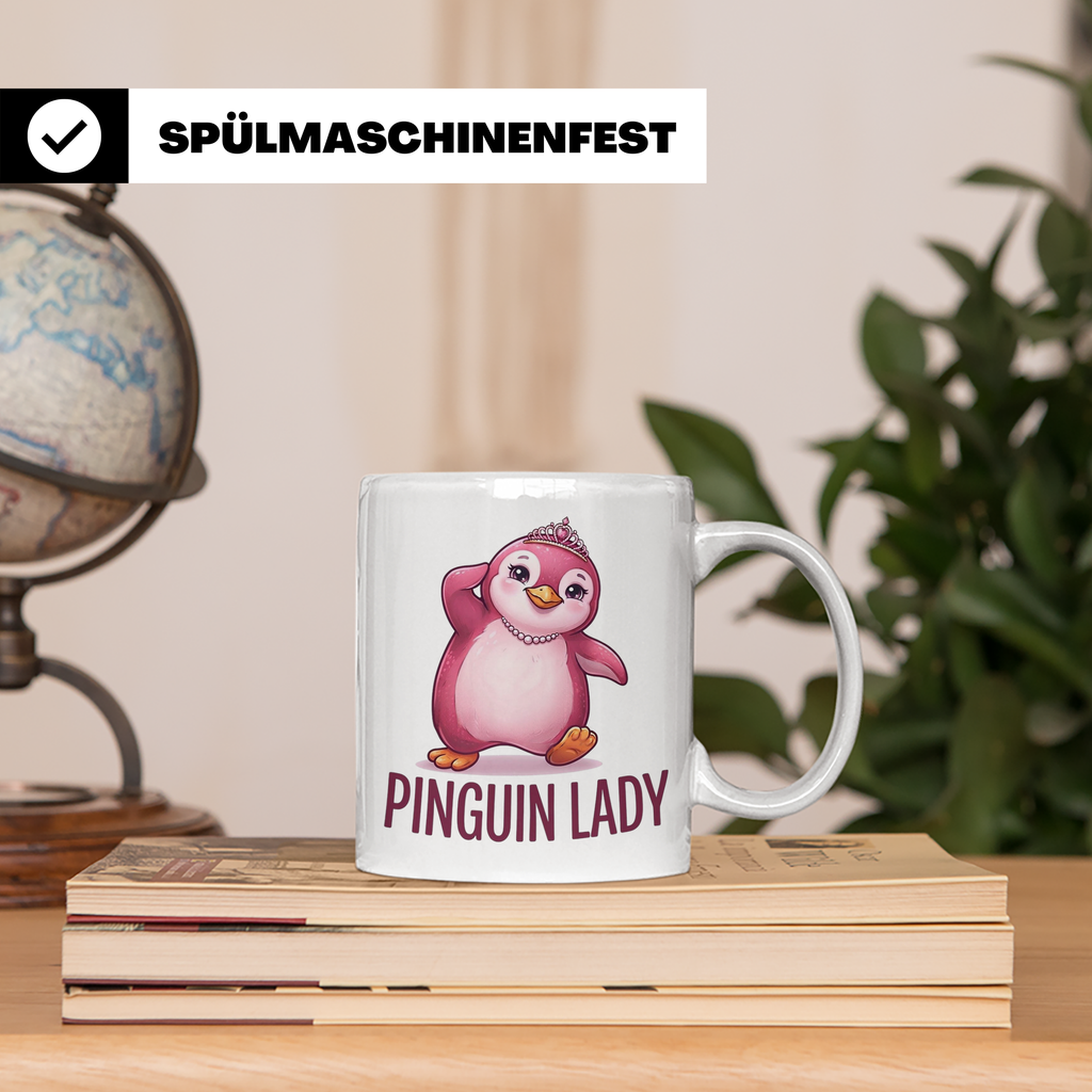 Pinguin Lady Tasse mit Krone & Perlenkette, süßer pinker Pin – Weiß [farbe:weiß]