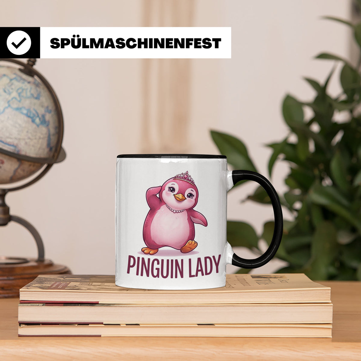 Pinguin Lady Tasse mit Krone & Perlenkette, süßer pinker Pin – Schwarz [farbe:schwarz]