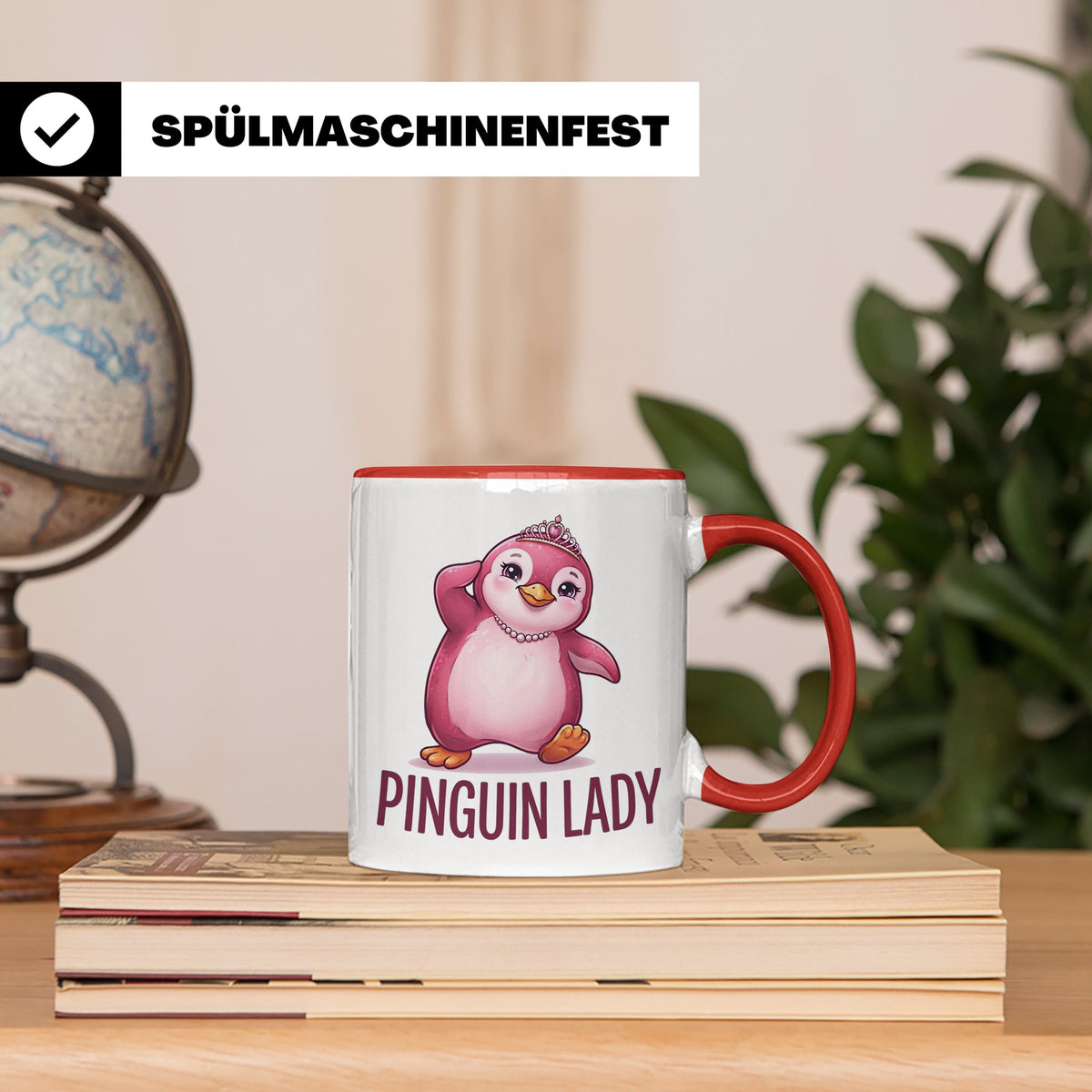 Pinguin Lady Tasse mit Krone & Perlenkette, süßer pinker Pin – Rot [farbe:rot]