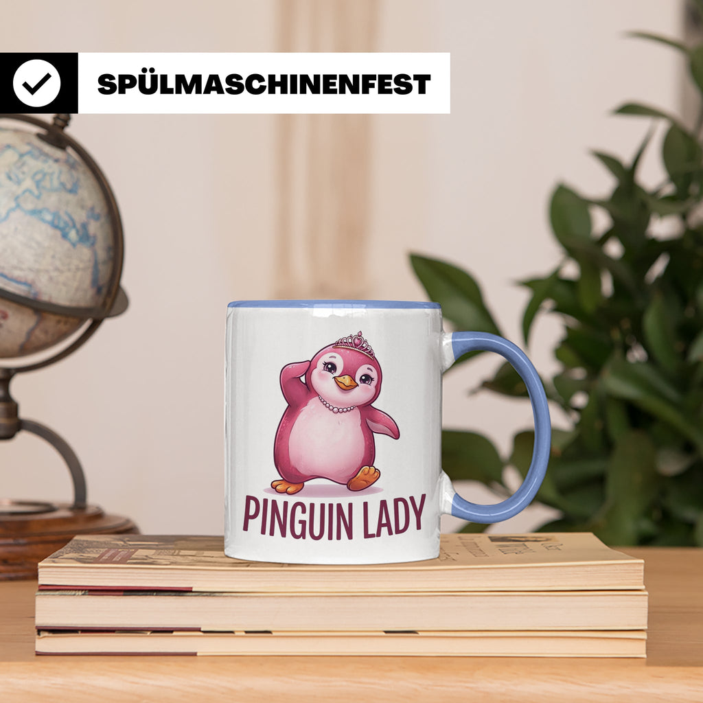 Pinguin Lady Tasse mit Krone & Perlenkette, süßer pinker Pin – Blau [farbe:blau]