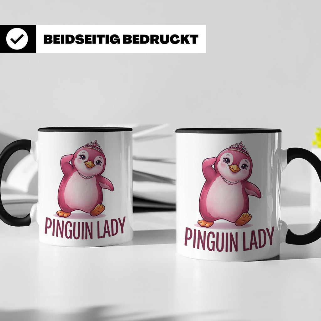 Pinguin Lady Tasse mit Krone & Perlenkette, süßer pinker Pin – Schwarz [farbe:schwarz]