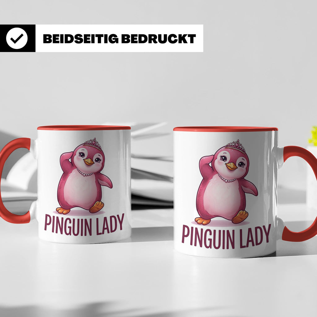 Pinguin Lady Tasse mit Krone & Perlenkette, süßer pinker Pin – Rot [farbe:rot]