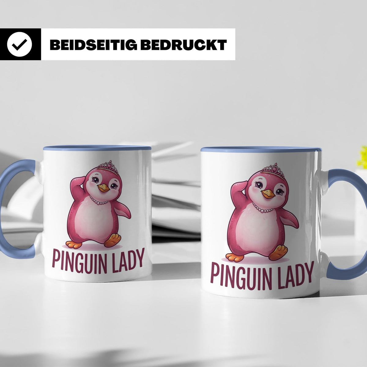 Pinguin Lady Tasse mit Krone & Perlenkette, süßer pinker Pin – Blau [farbe:blau]