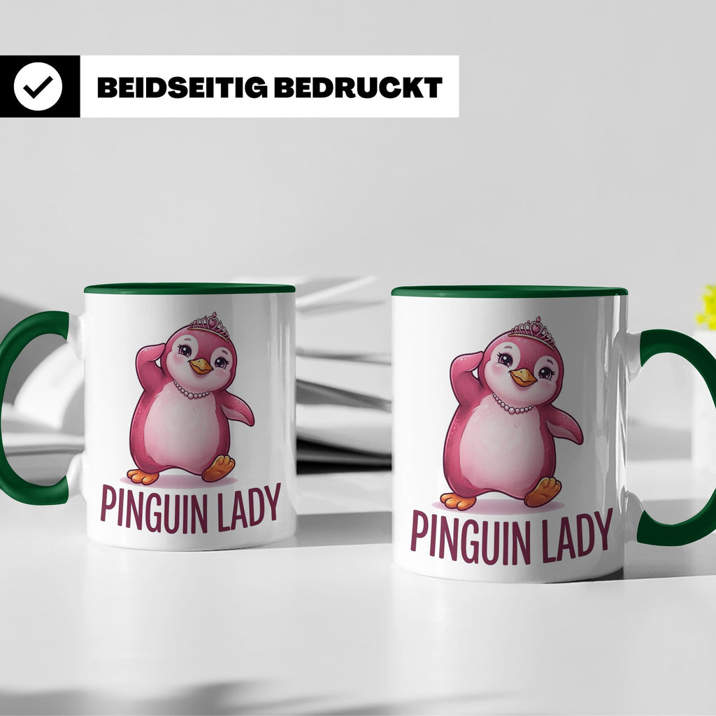 Pinguin Lady Tasse mit Krone & Perlenkette, süßer pinker Pin – Grün [farbe:grün]