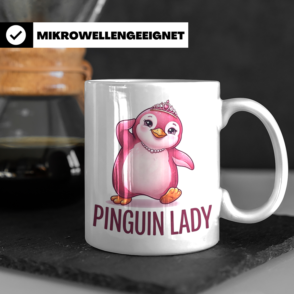 Pinguin Lady Tasse mit Krone & Perlenkette, süßer pinker Pin – Weiß [farbe:weiß]