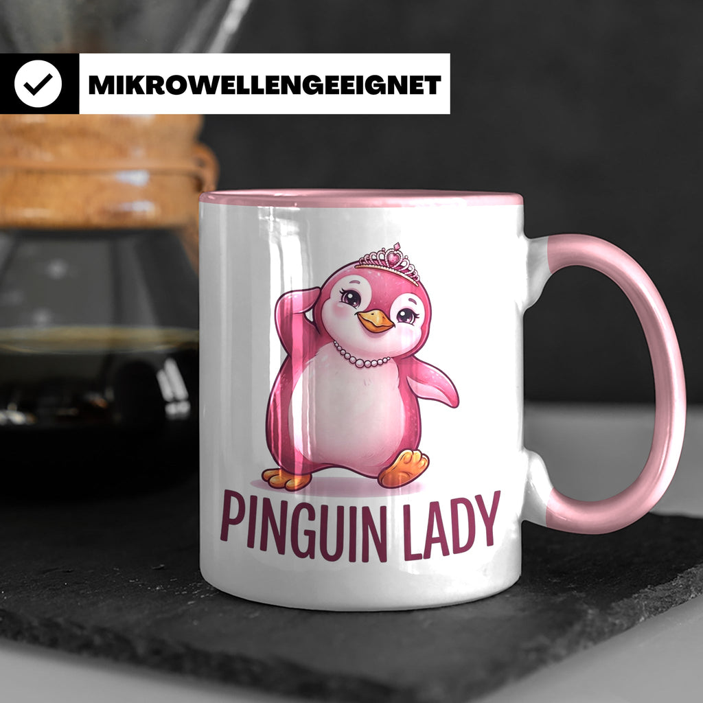 Pinguin Lady Tasse mit Krone & Perlenkette, süßer pinker Pin – Rosa [farbe:rosa]