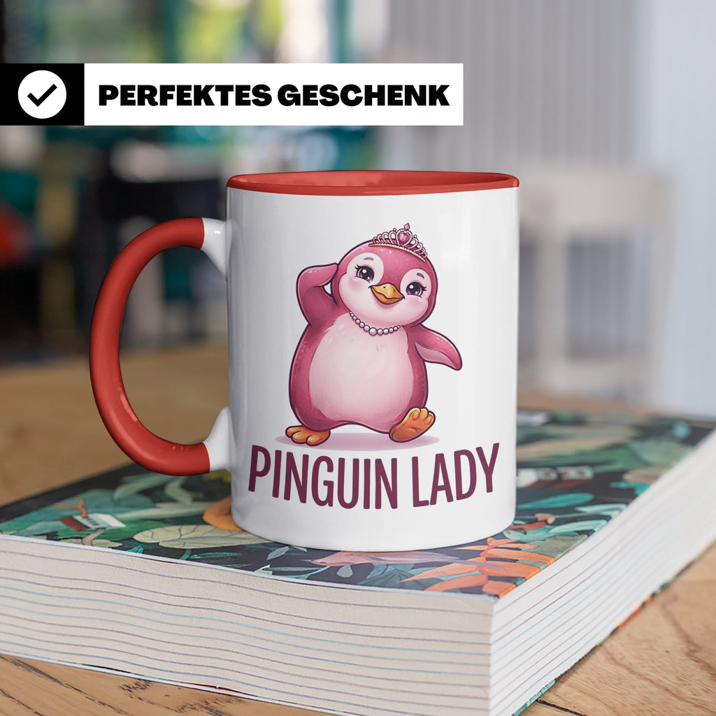 Pinguin Lady Tasse mit Krone & Perlenkette, süßer pinker Pin – Rot [farbe:rot]