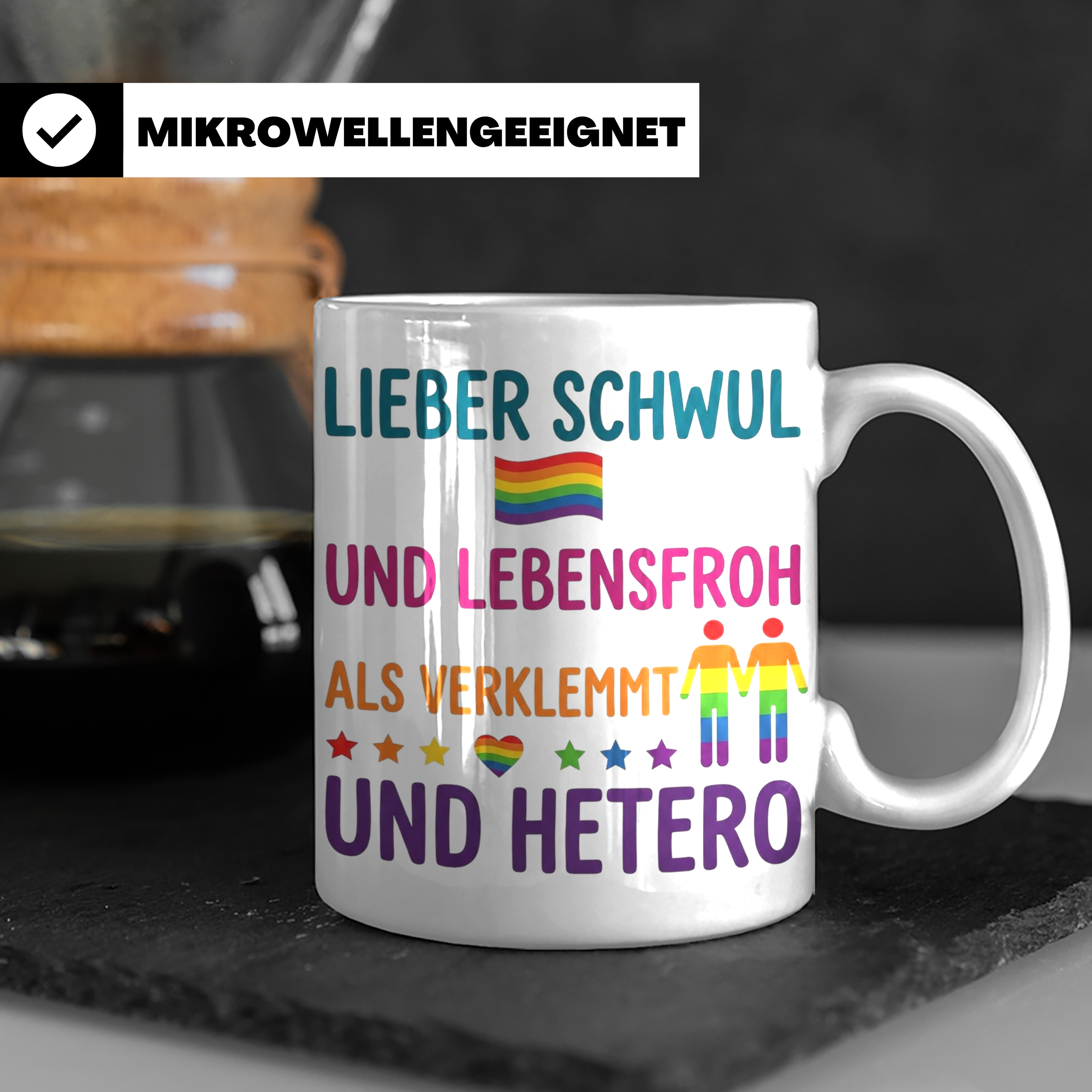 Schwul Tasse mit Spruch Lieber schwul und lebensfroh | Gay P – Weiß [farbe:weiß]