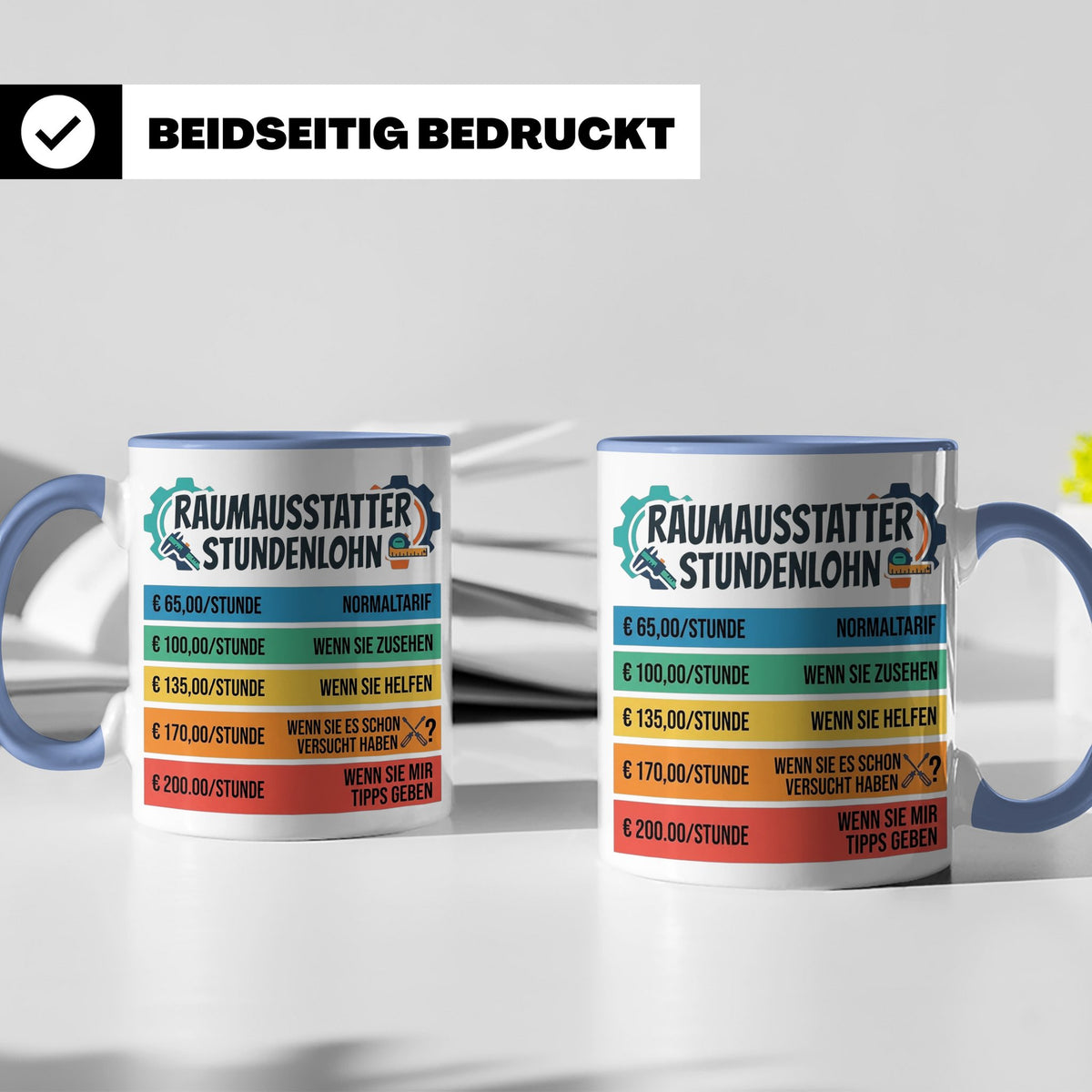 Raumausstatter Stundenlohn Tasse, lustiger Handwerker Spruch – Blau [farbe:blau]