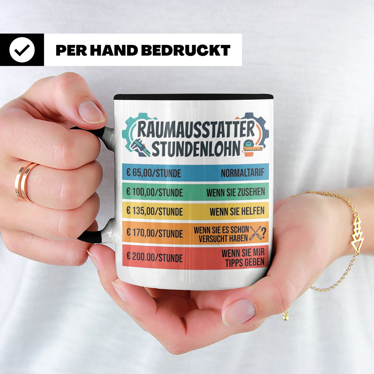 Raumausstatter Stundenlohn Tasse, lustiger Handwerker Spruch – Schwarz [farbe:schwarz]