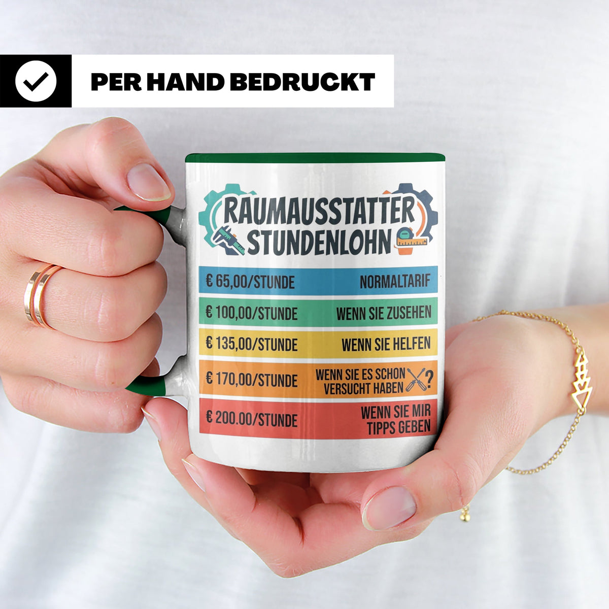 Raumausstatter Stundenlohn Tasse, lustiger Handwerker Spruch – Grün [farbe:grün]