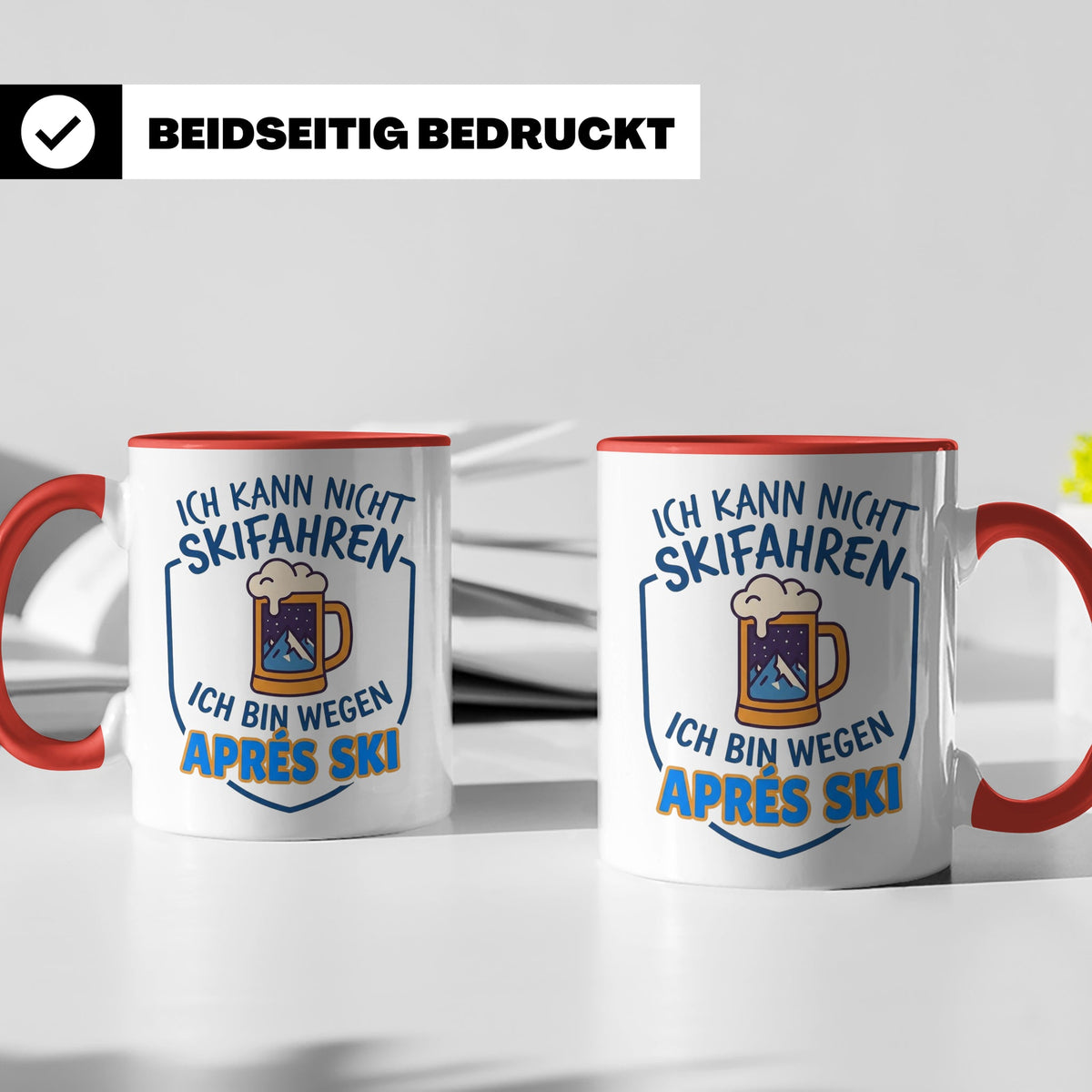 Après Ski Tasse mit Spruch Ich kann nicht Skifahren. Geschen – Rot [farbe:rot]