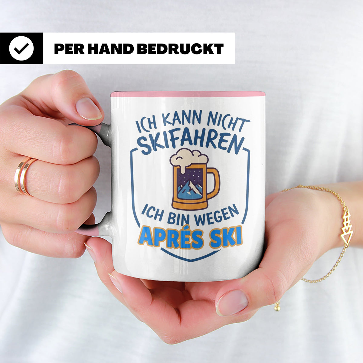 Après Ski Tasse mit Spruch Ich kann nicht Skifahren. Geschen – Rosa [farbe:rosa]