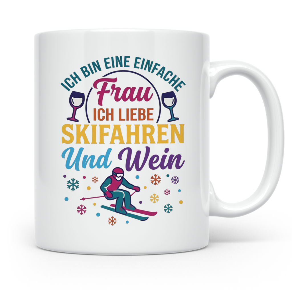 Skifahren Tasse mit Spruch 'Einfache Frau' liebt Wein & Pist – Weiß [farbe:weiß]