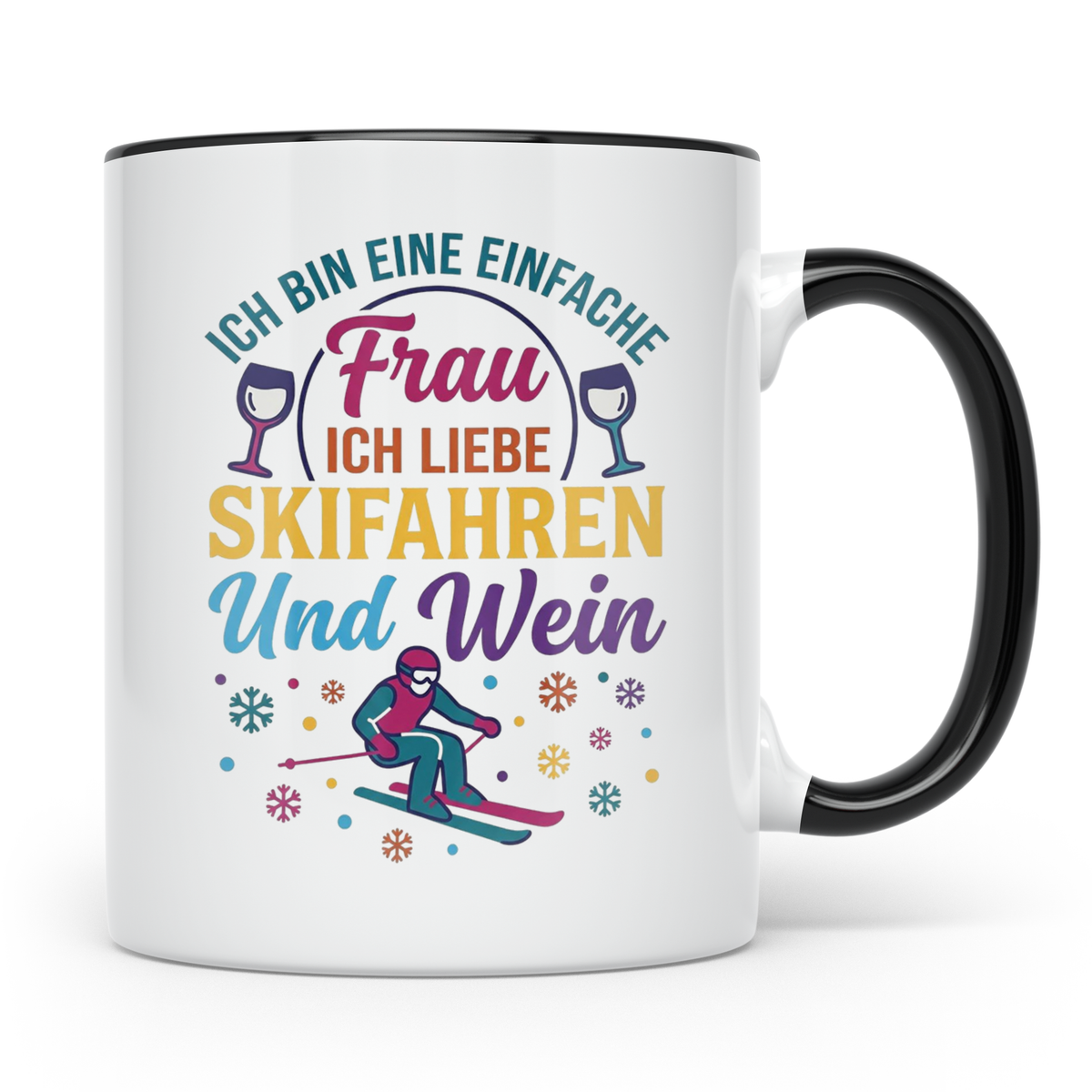 Skifahren Tasse mit Spruch 'Einfache Frau' liebt Wein & Pist – Schwarz [farbe:schwarz]