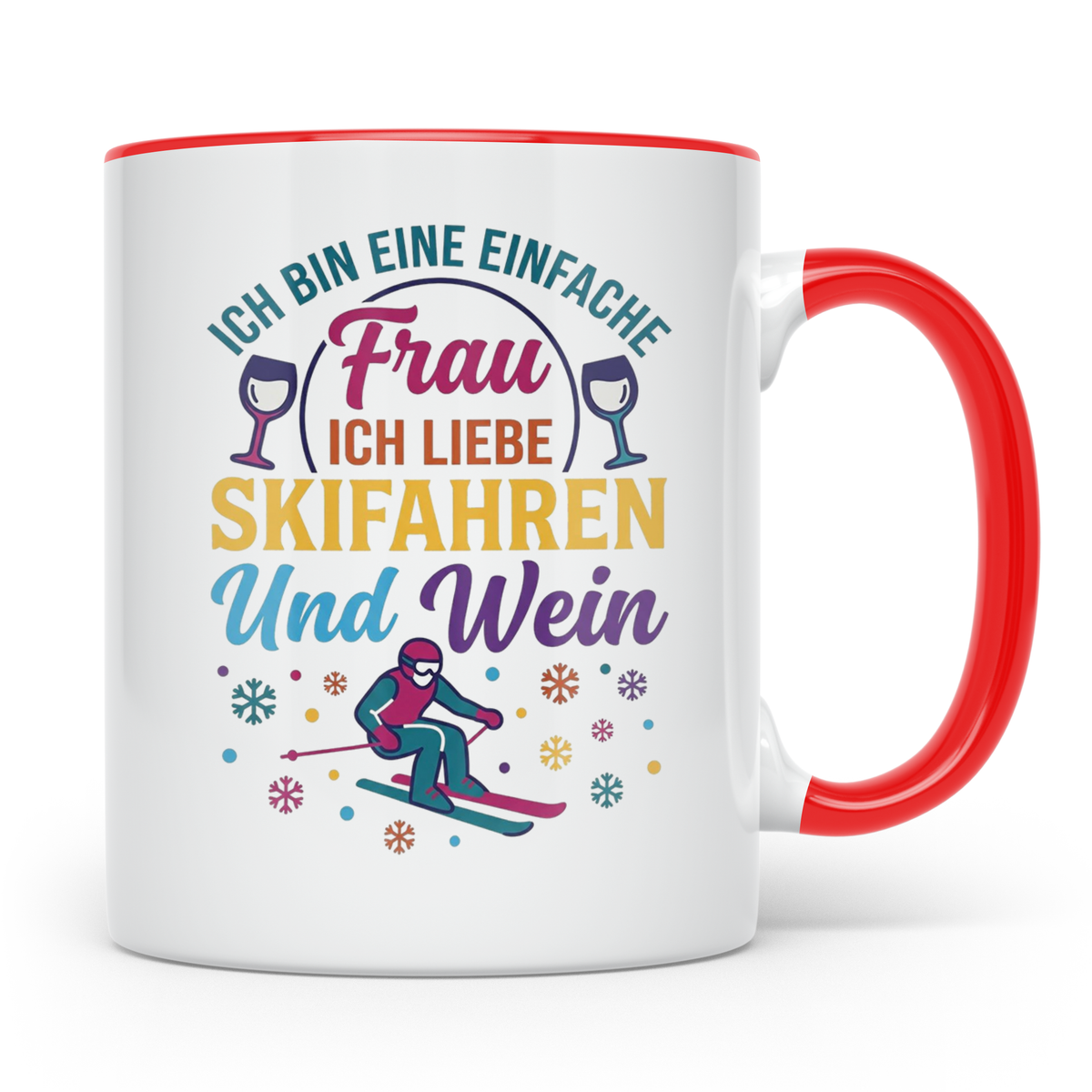 Skifahren Tasse mit Spruch 'Einfache Frau' liebt Wein & Pist – Rot [farbe:rot]