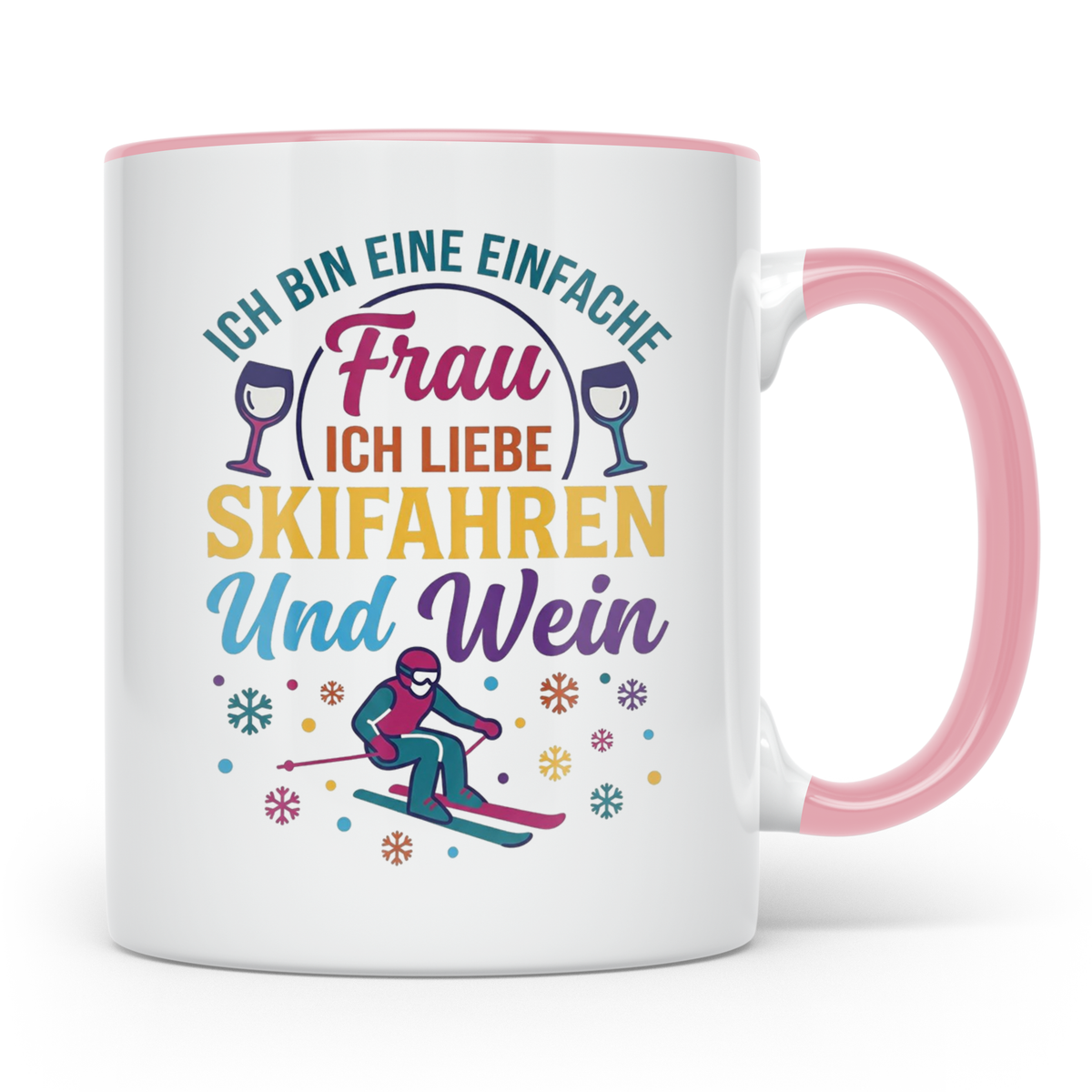 Skifahren Tasse mit Spruch 'Einfache Frau' liebt Wein & Pist – Rosa [farbe:rosa]