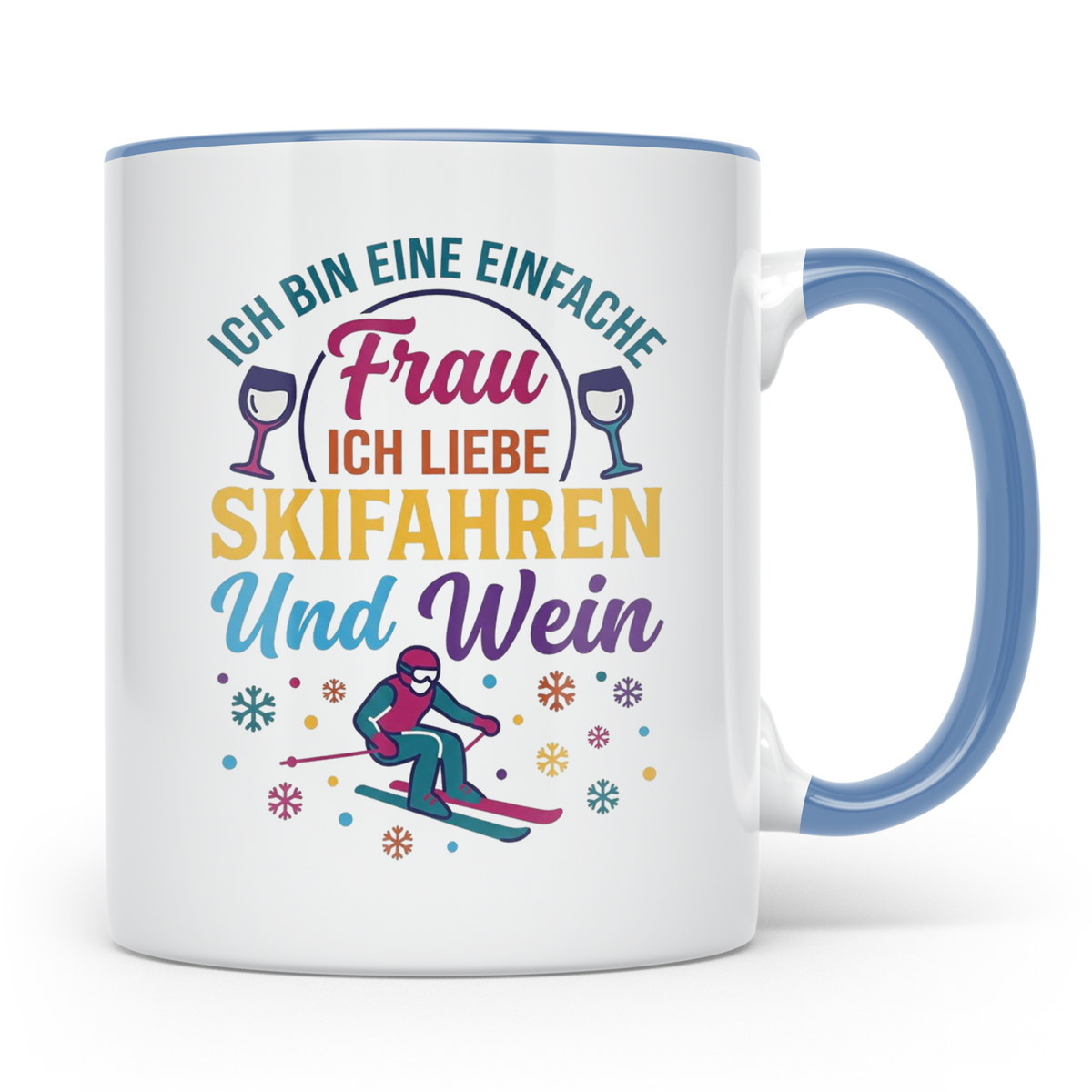 Skifahren Tasse mit Spruch 'Einfache Frau' liebt Wein & Pist – Blau [farbe:blau]