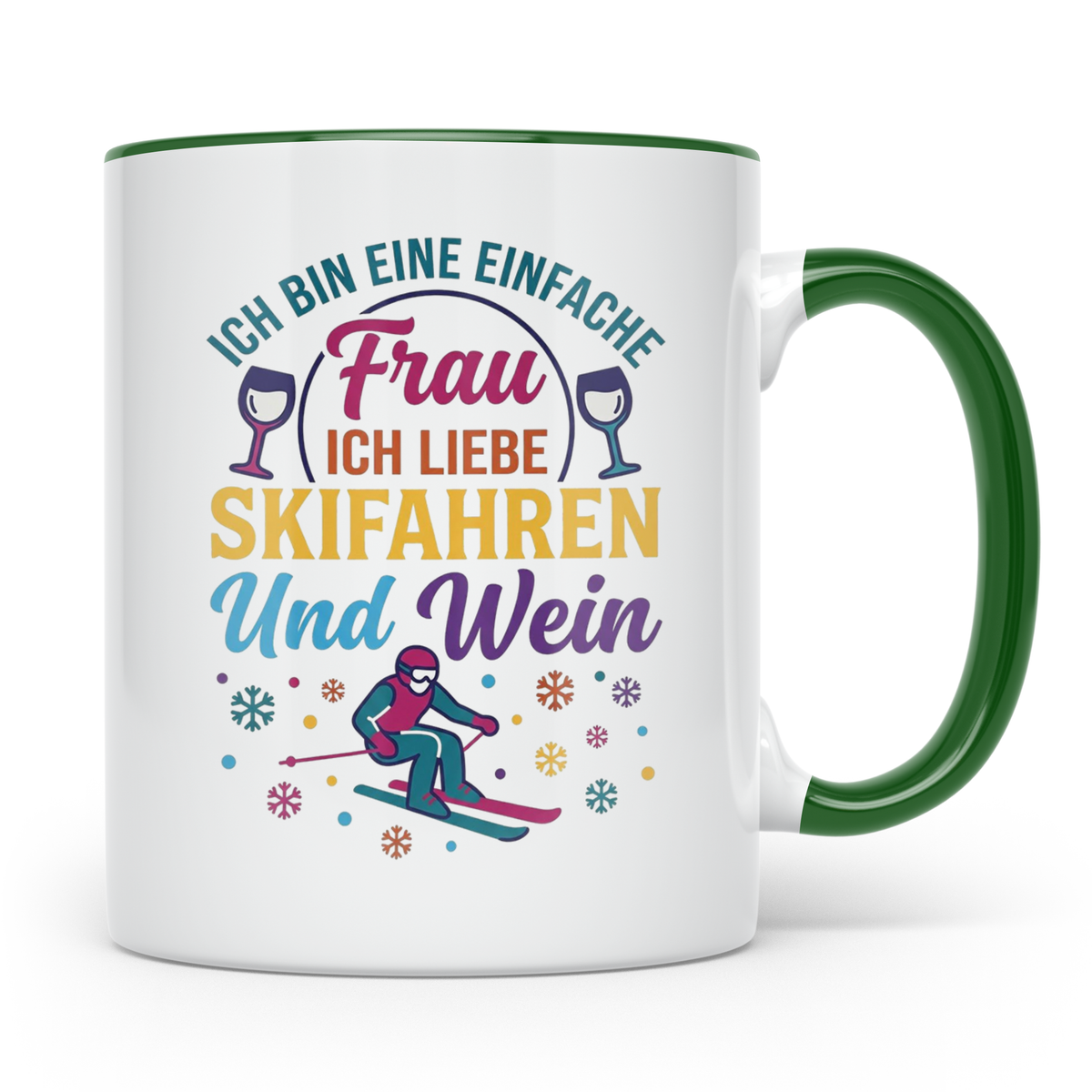 Skifahren Tasse mit Spruch 'Einfache Frau' liebt Wein & Pist – Grün [farbe:grün]