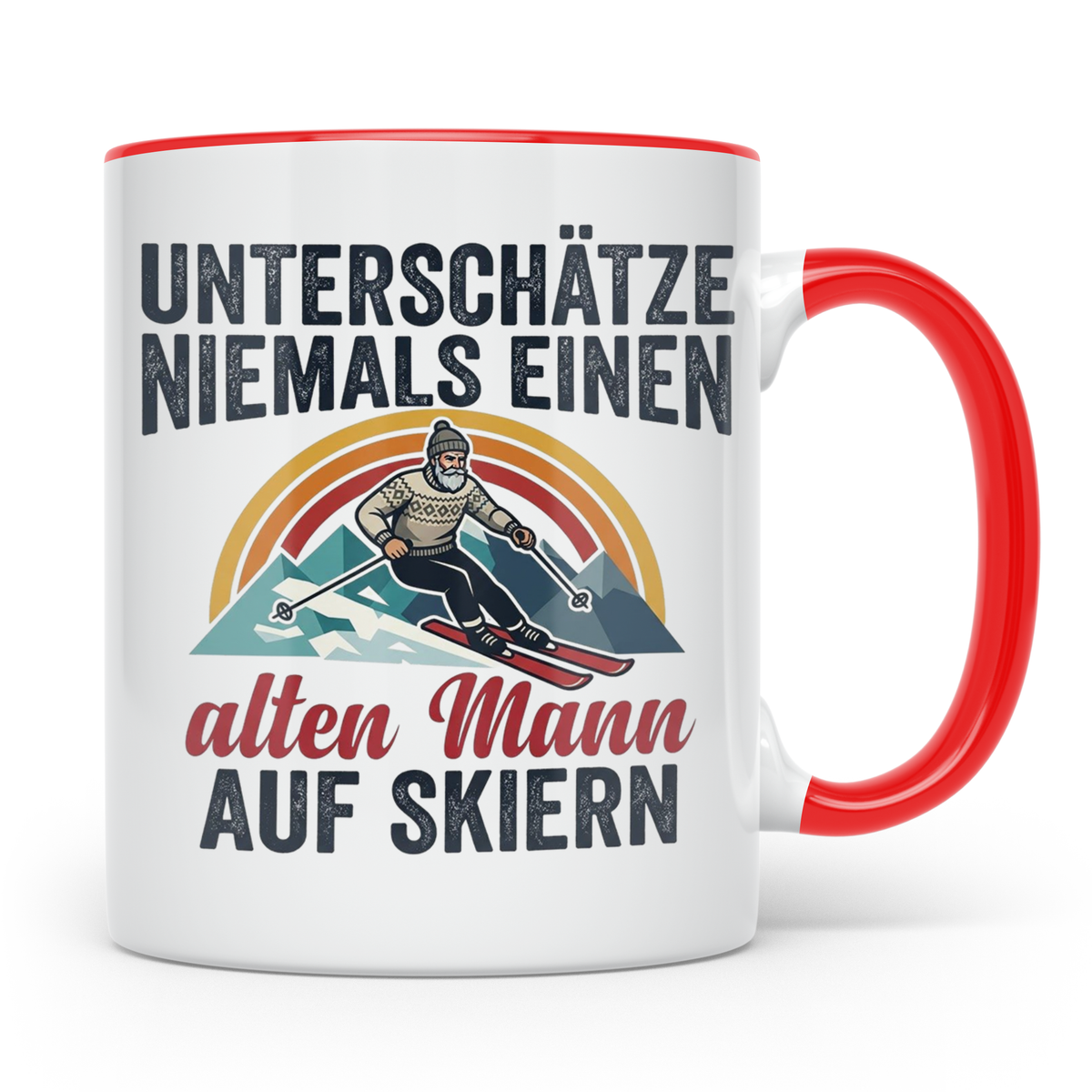 Alter Mann auf Skiern Tasse, lustiger Skifahrer Spruch für O – Rot [farbe:rot]