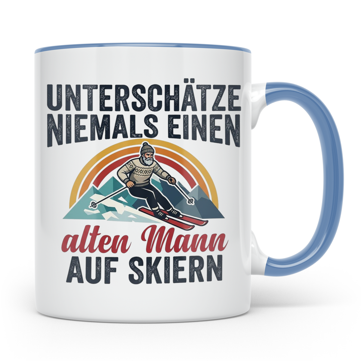 Alter Mann auf Skiern Tasse, lustiger Skifahrer Spruch für O – Blau [farbe:blau]